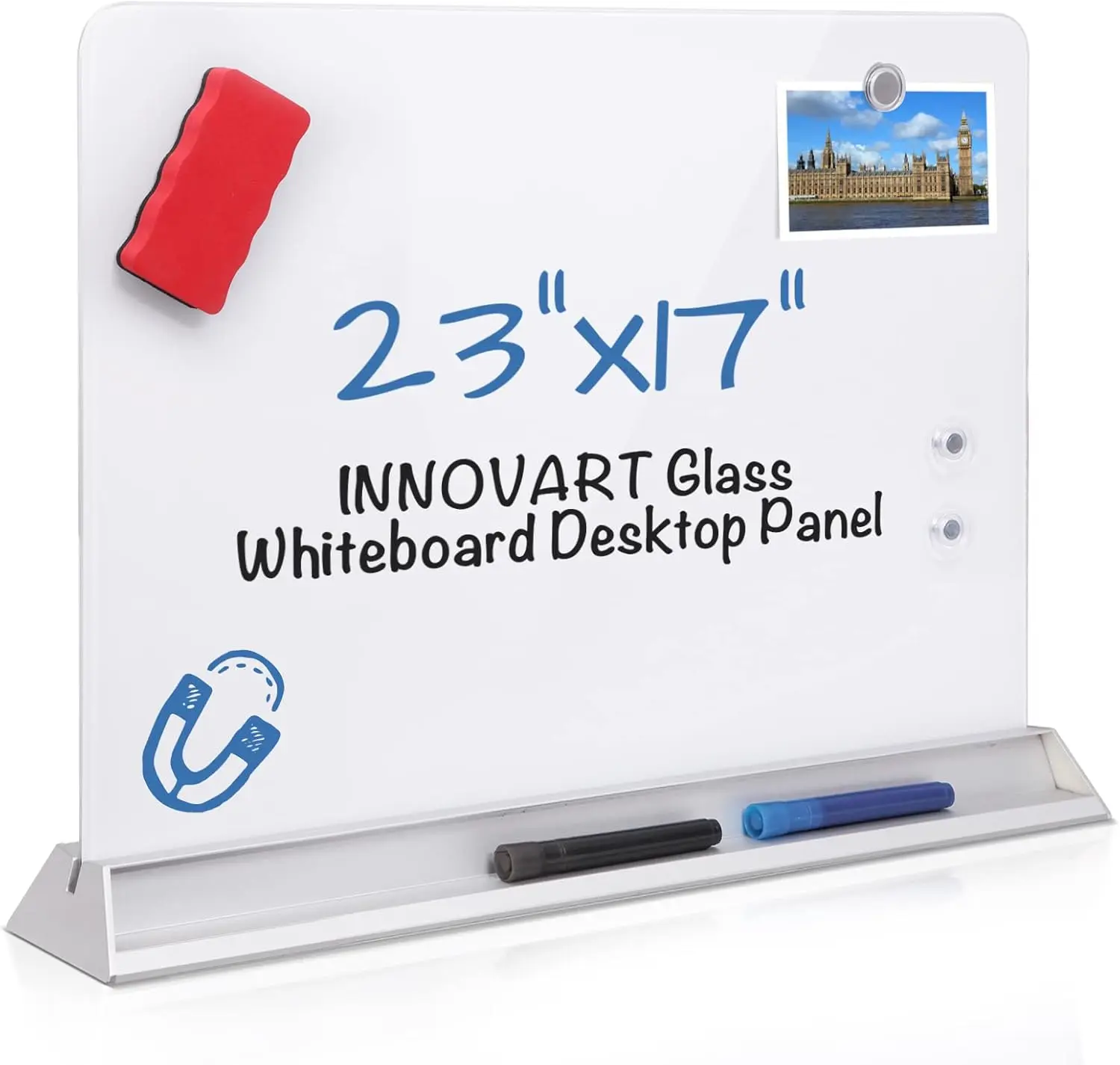 Innovart Freestanding Glass Desktop Magnetic Dry Erase Board 23”X17”, Glass Whiteboard Desktop Panel, Double-Sided Whiteboard