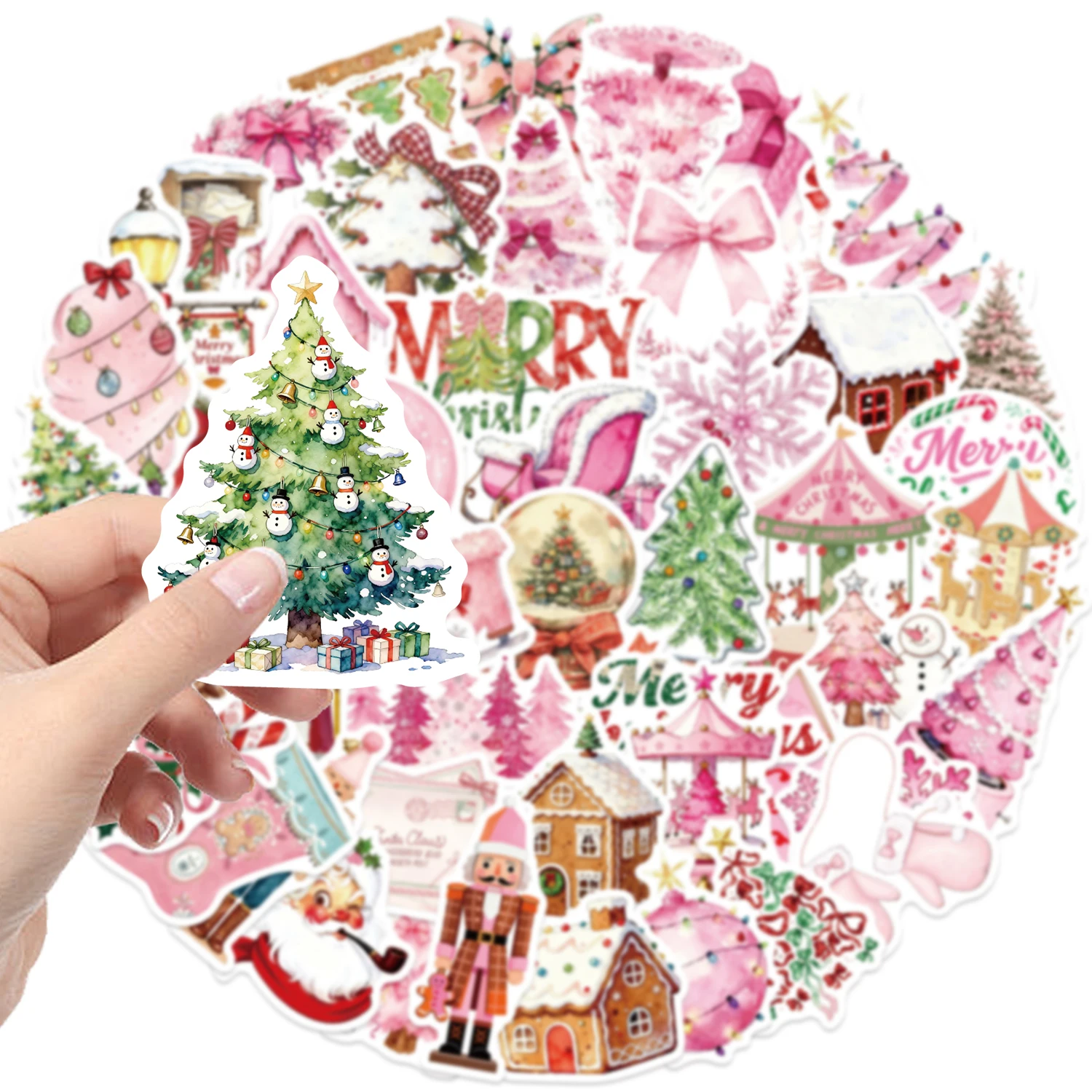 50PCS Rosa Weihnachten Aufkleber Cartoon Schmetterling Glocke Wasserdichte PVC Aufkleber für Telefon Laptop Gitarre Wasser Tasse