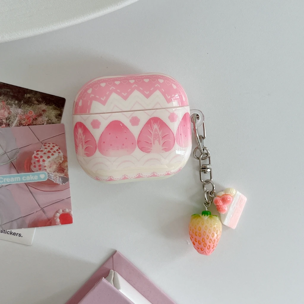 Fashion Pink White Gradient Strawberry Cream Cake Glossy Surface Earphones Protect Cover Case for AirPods 1 2 3 4 5 Pro2 Pro3