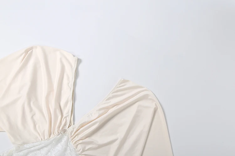 Weird Puss Elegantes Spitzen-Patchwork-Kleid für Damen, modisch, schlicht, gerafft, mit tiefem Ausschnitt, Fledermausärmeln, trendig, für Abendpartys, Clubs, figurbetont – Detail 7