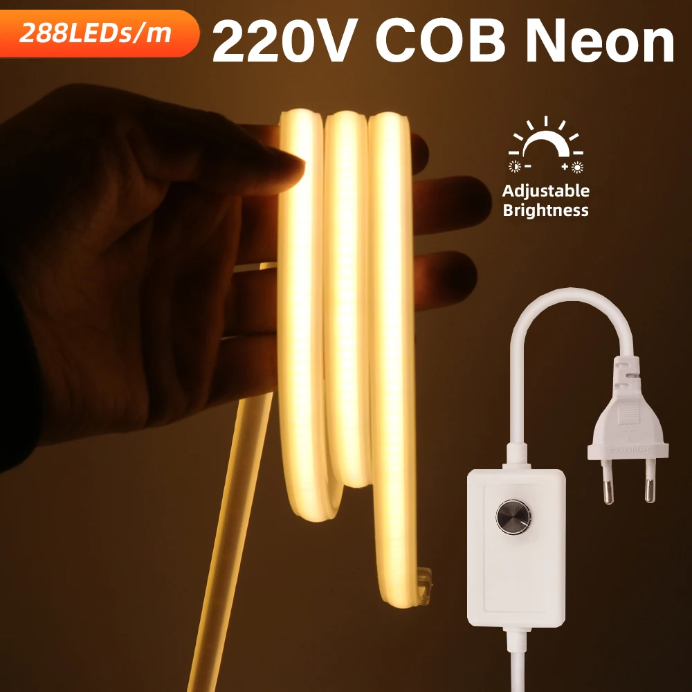 

Dimmable COB LED Neon Light Strip 220V 288leds/m Ra90 Waterproof Outdoor Garden Lamp Soft Silcone Tape For Home Kitchen Lighting