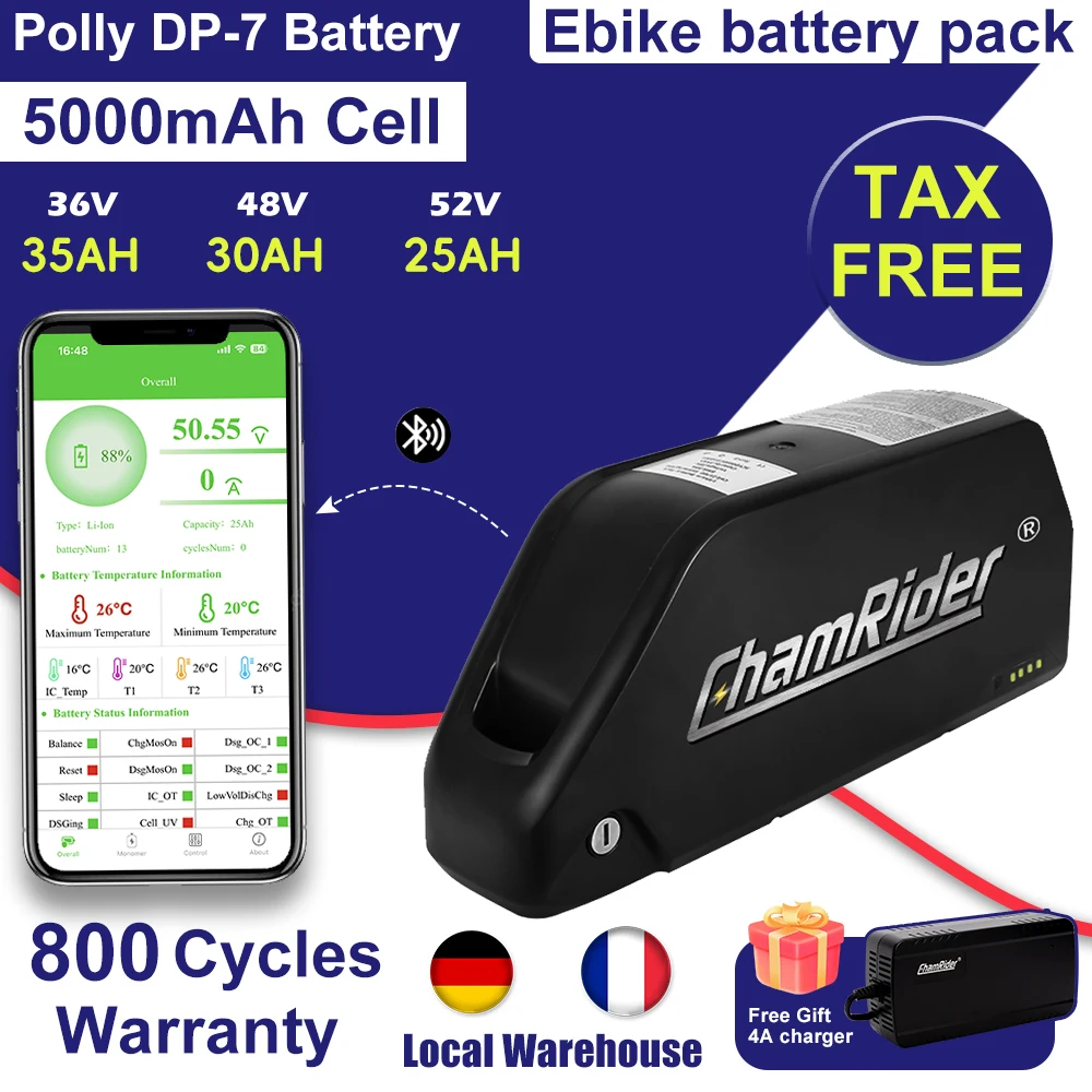 Chamrider Polly 48V 30AH Ebike Battery Downtube 52V Battery Bluetoot Smart BMS Original 21700 Lithium lion Battery 21700 Cell