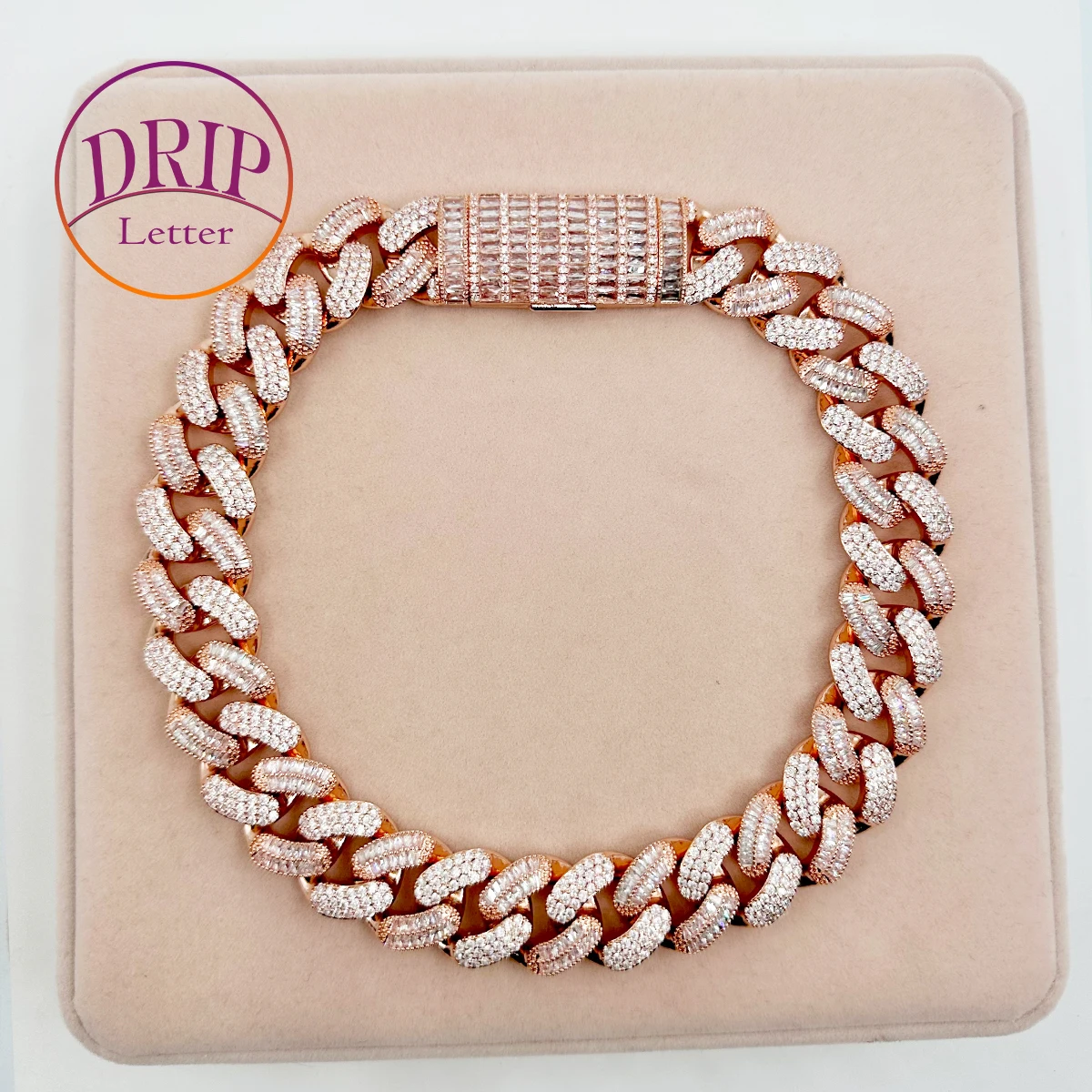 

Drip Letter Baguette Choker Necklace for Women 20mm Cuban Link Chain Iced Out Bling Charms Hip Hop Jewelry
