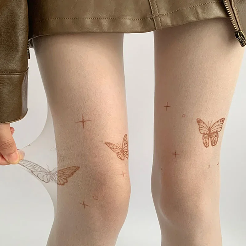 Medias Y2K de Color piel para mujer, medias con núcleo de muslos de mariposa roja, tatuaje de Lolita, medias de moda con estampado de mariposa