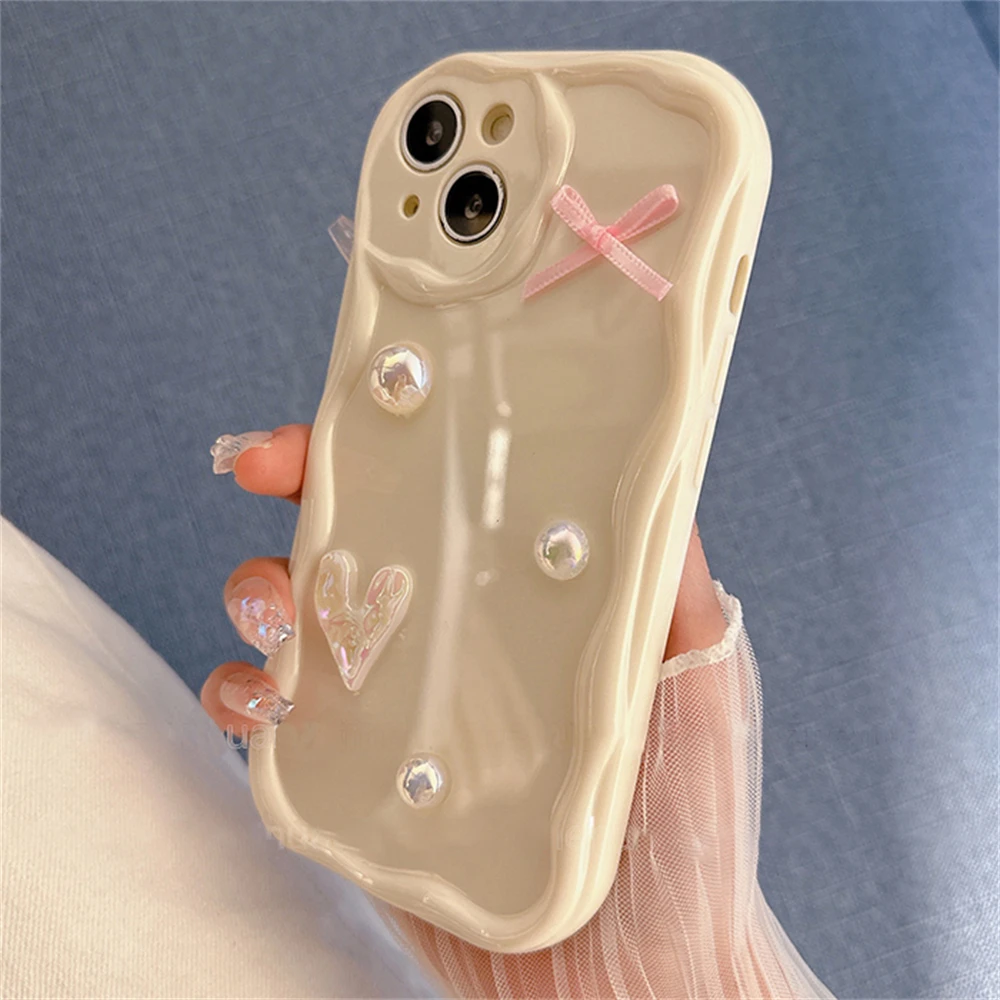 Korean Cute Laser Heart Pink Bow Cream Wave Case For iPhone 15 14 13 12 11 Pro Max Soild Color Silicone Shockproof Soft Cover