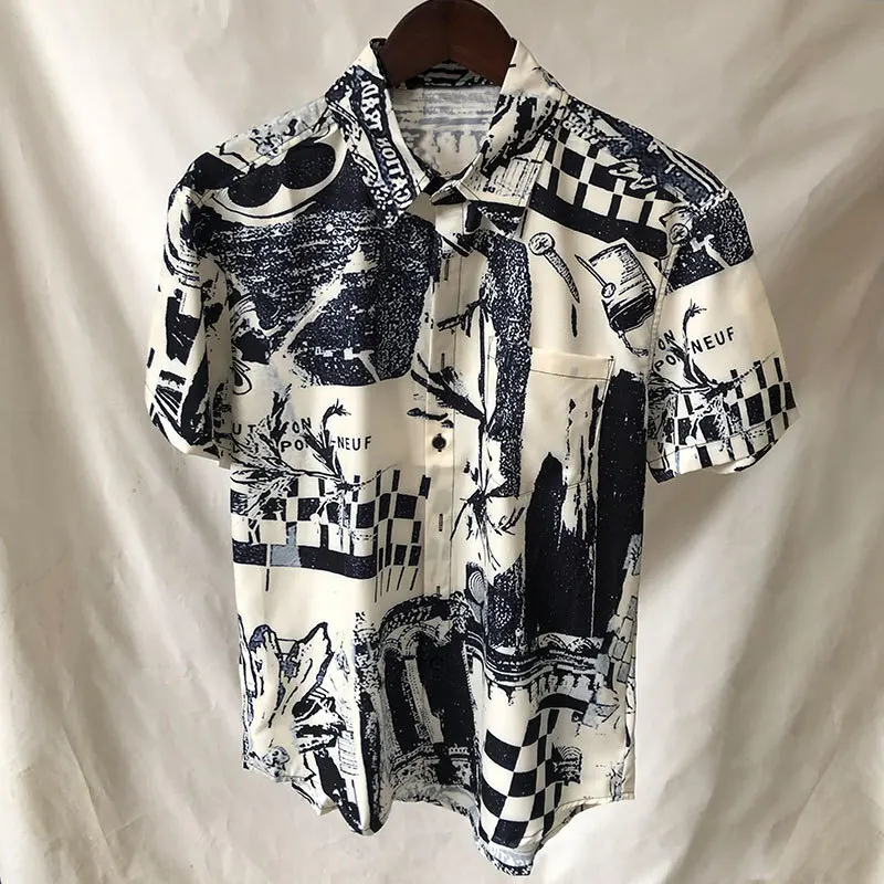 2023 Summer Short Sleeve Casual Men Shirt Artistic Color Contrast Shirt Streetwear Camisa Masculina Shirt Moda Hombre