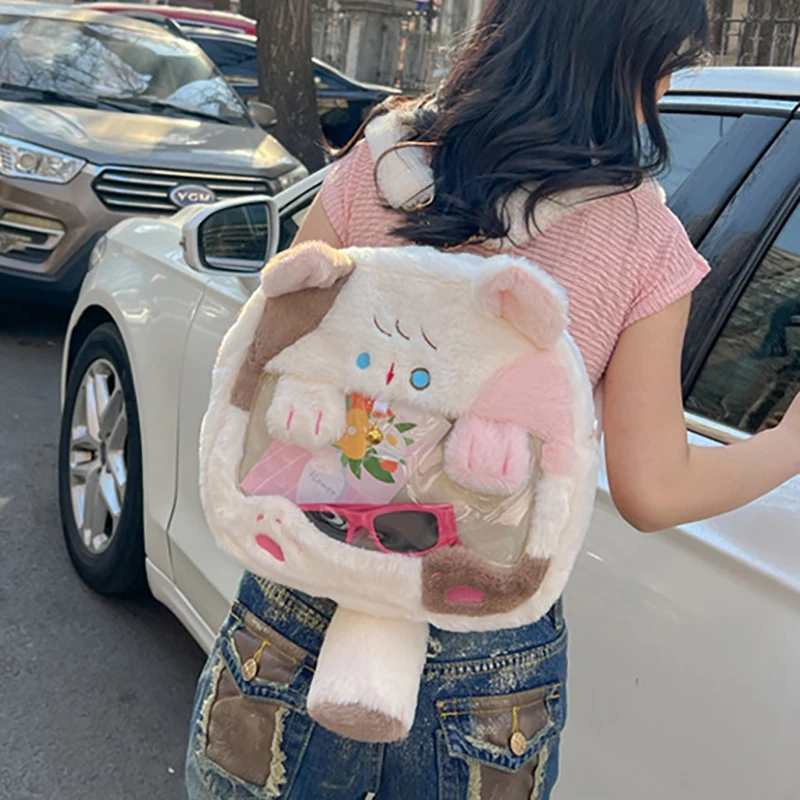 

Richme Kawaii Women Backpacks Fluffy Cartoon Cat Patchwork Crossbody Shoulder Bags Female Y2K Transparent JK Uniform Bolso Mujer