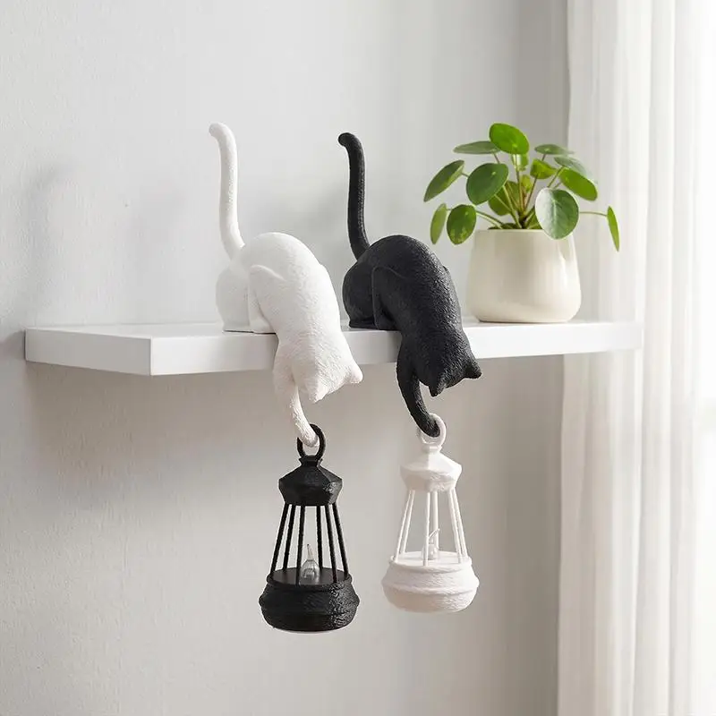 Cat Shelf Hook With Lantern Figurine Statue Home Bedroom Desk Ornament Decoration Night Light