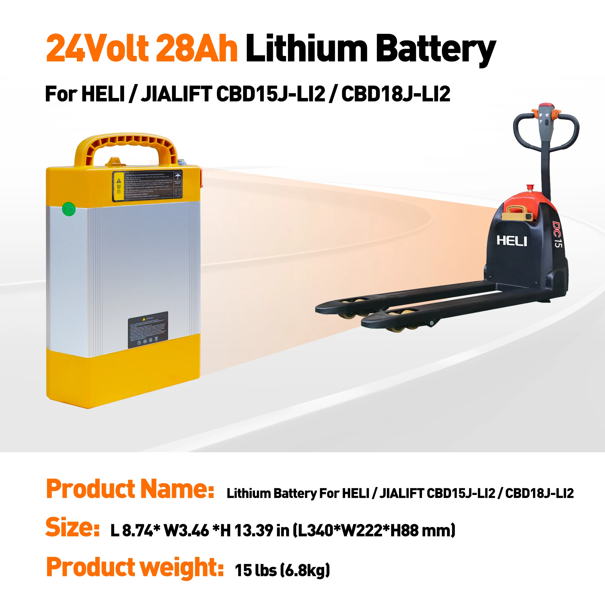 Yellow 24V 28Ah Lithium Battery for HELI CBD15J/18J-LI2 Electric Pallet Jack Forklift LiFePO4 Lithium Battery