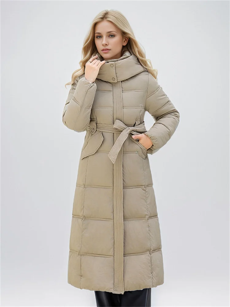 Women\'s Padded Jackets Long 2024 Winter New Fashionable Temperament Hooded Cinched Waist Ties Thickened Warm Coat