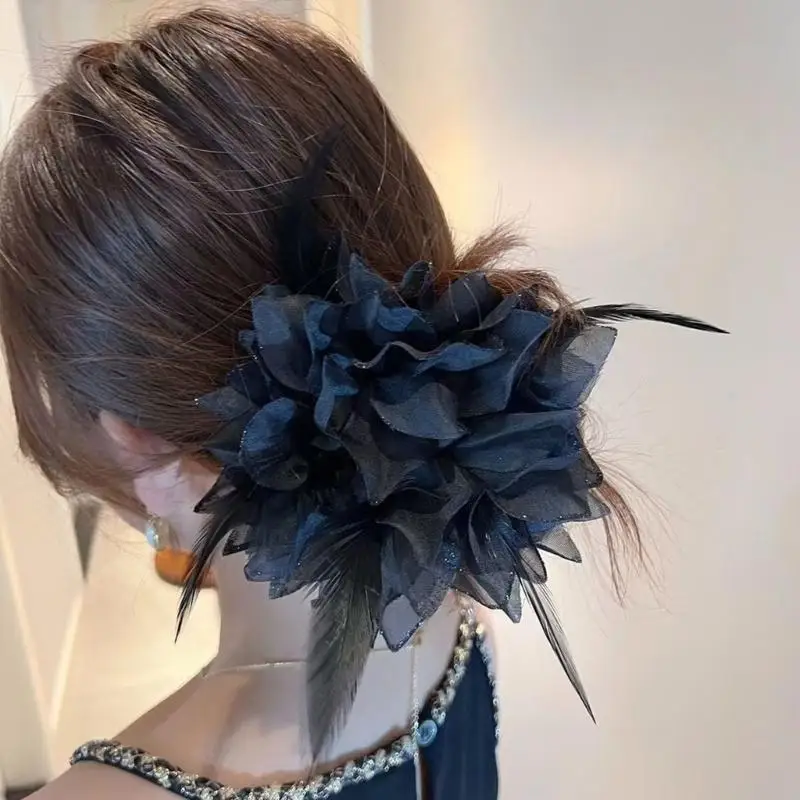 39BD Große, flauschige Blumen-Haargummis, Feder-Haargummi, Kopfbedeckung, elastisches Haarseil – Detail 4