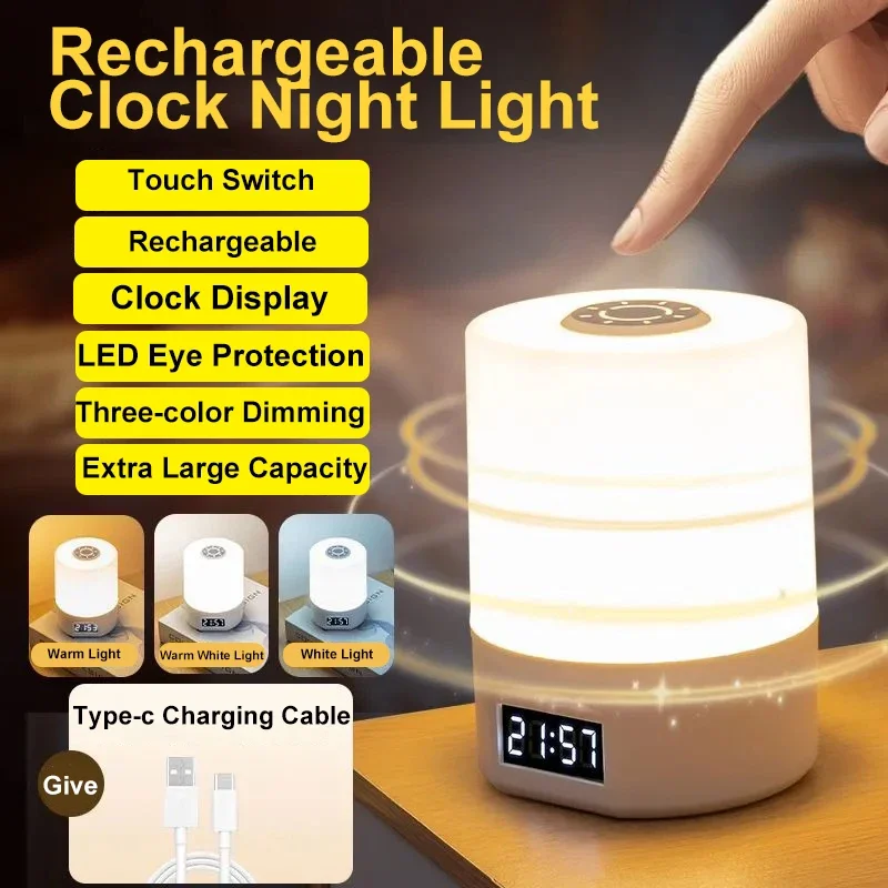 LED Touch Desk Lamp USB Chargeable Dimmable Table Lamp Calendar Clock Bedside Night Light Warm Atmosphere Desk Lamp Soft Light