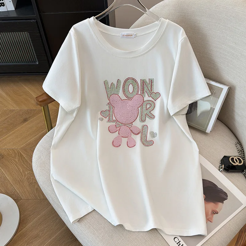 170Kg Plus Size Women\'s Bust 170 Summer Loose Short sleeved Diamond T-Shirt Bear Top White Black 4XL 5XL 6XL 7XL 8XL 9XL