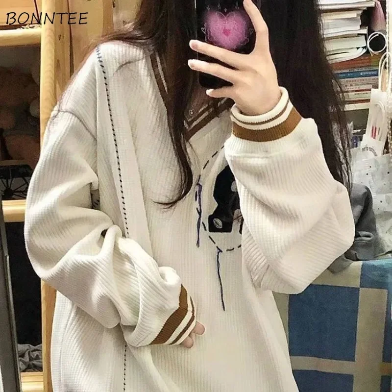 Plus Velvet Loose V Neck Hoodies Women Embroidery Autumn Winter Letter Harajuku Hip-hop Vintage Casual Streetwear Chic Ins Retro