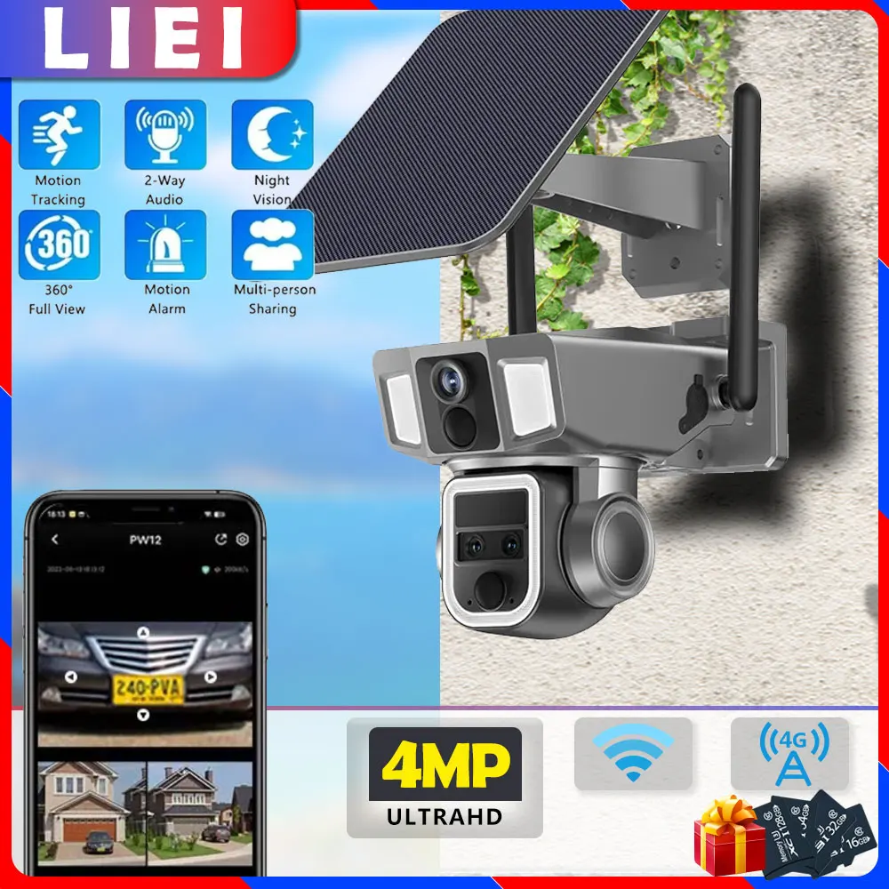 

LIEI 4G/WIFI PTZ Solar Surveillance Camera Auto Tracking Dual Lens 4MP camara Security Protection Monitor Waterproof Smart CCTV