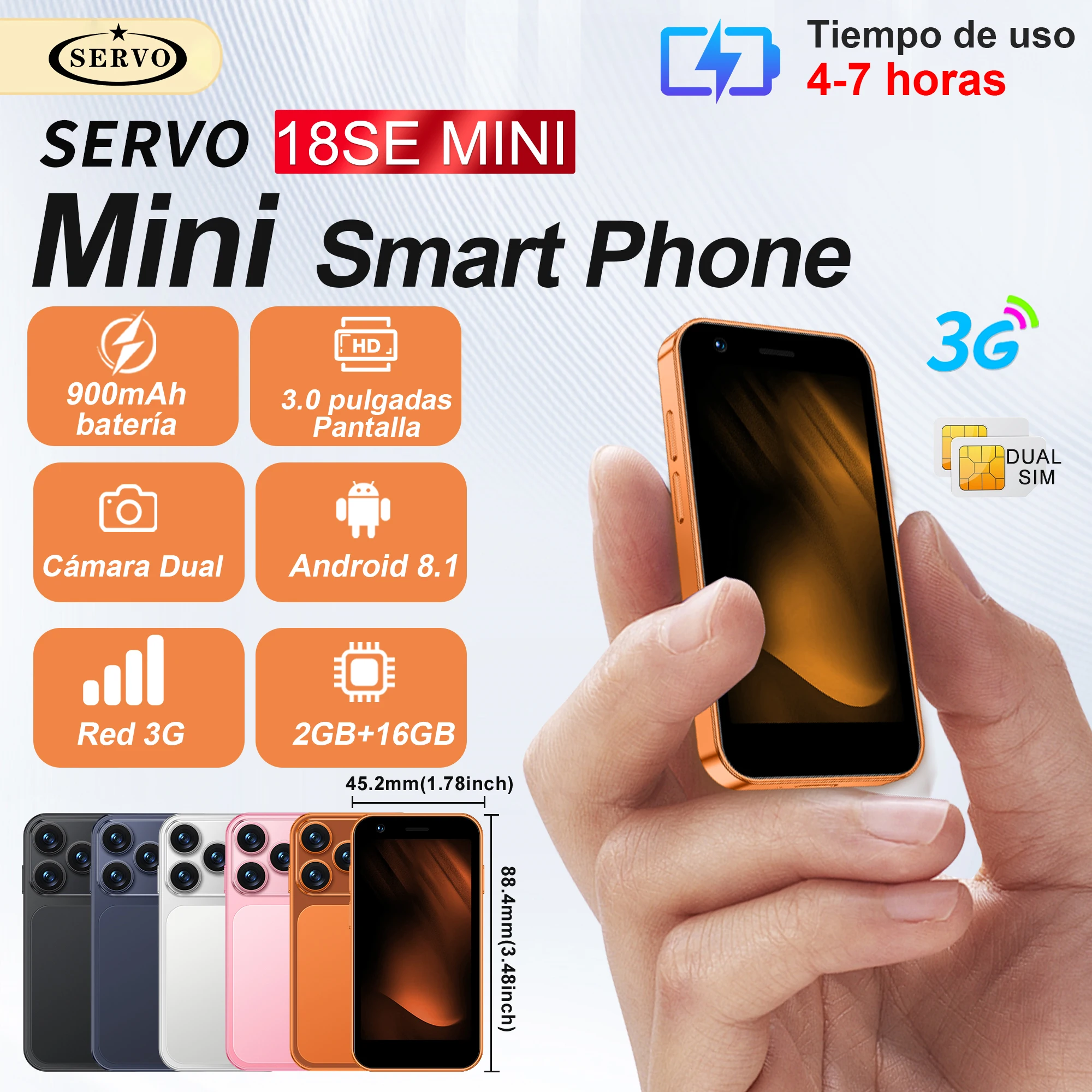 Mini Smartphone SERVO 18SE con Android 8.1, 3G WCDMA, Doble SIM, Pantalla de 3.0 Pulgadas, 2GB de RAM + 16GB, Play Store