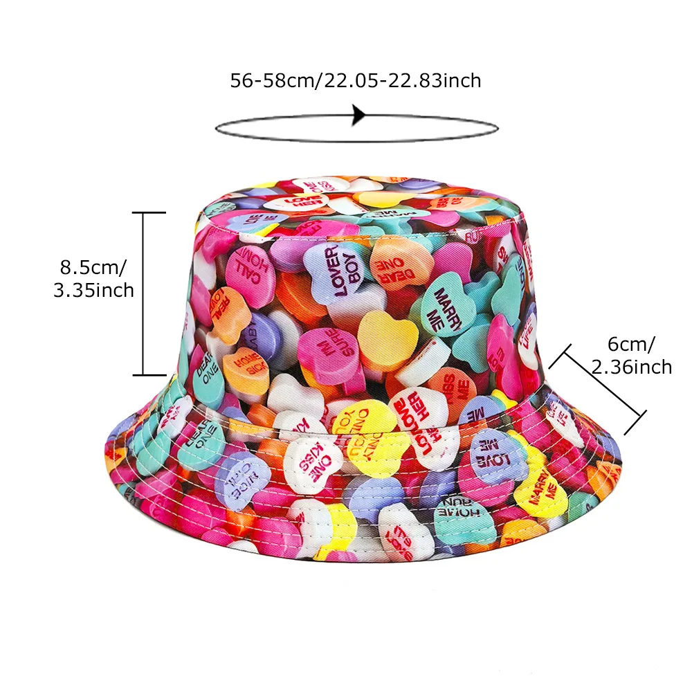 Heart Shaped Candy Pattern Panama Women Men Summer Outdoor Sunscreen Bucket Hats Love Decorate Fisherman Hat Female Sun Gorras 6