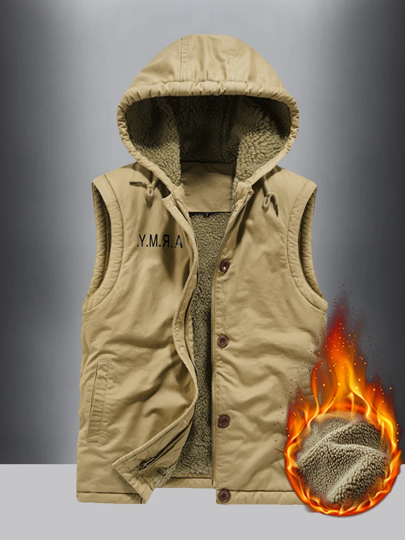 

Американская повседневная куртка-жилет из чистого хлопка с флисовой подкладкой и капюшоном, мужская, в стиле ретро, модная, для городской молодежи, зимняя