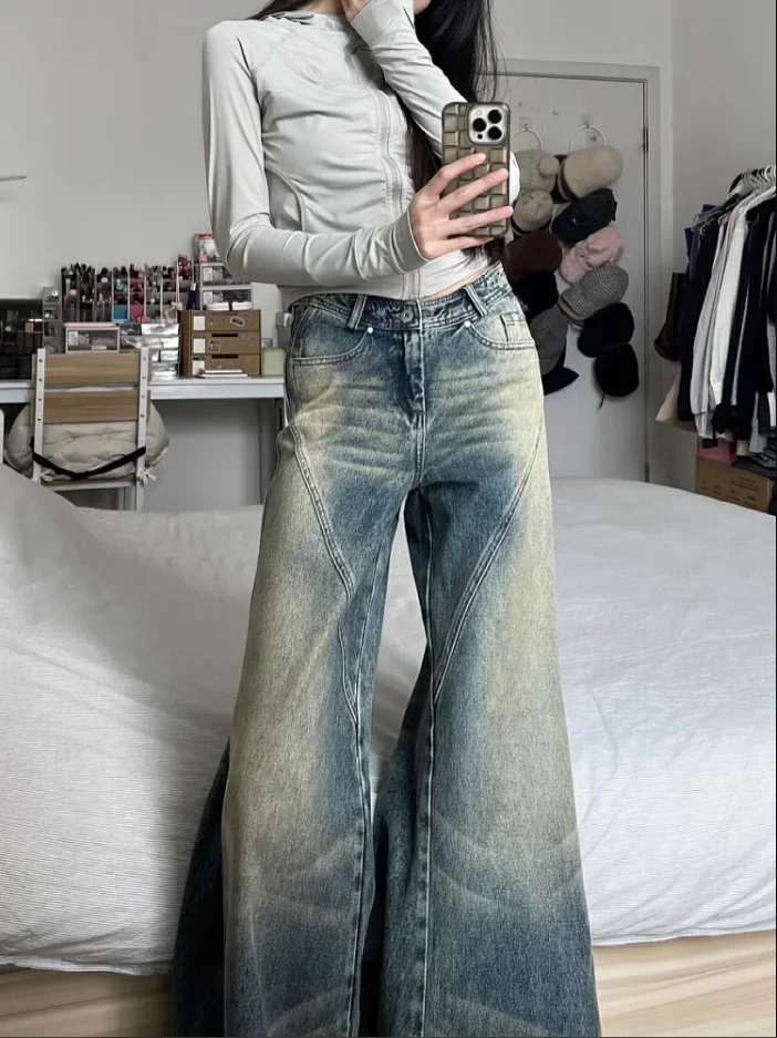 

Blue Womens Jeans High Waist Vintage Straight Baggy Denim Pants Streetwear American Design Sense Fashion Wide Leg Denim Trouser