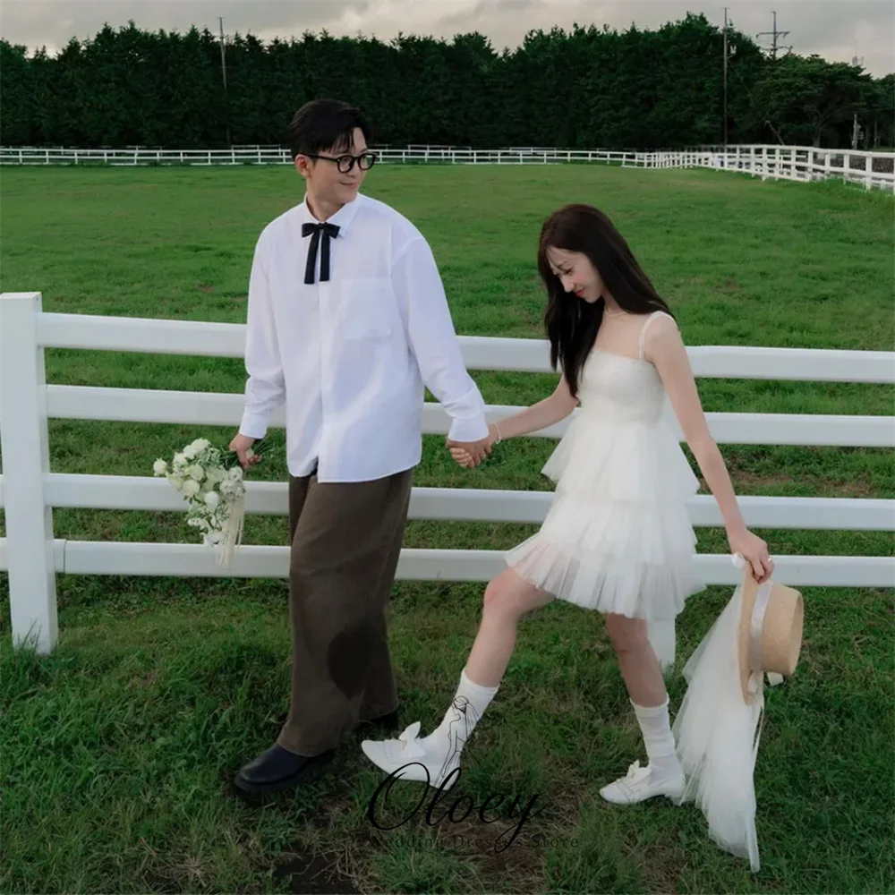 OLOEY Playful Spaghetti Strap Korea Wedding Dress Photo Shoot Sleeveless Tulle Tiered A-Line Garden Bridal Gown Customized