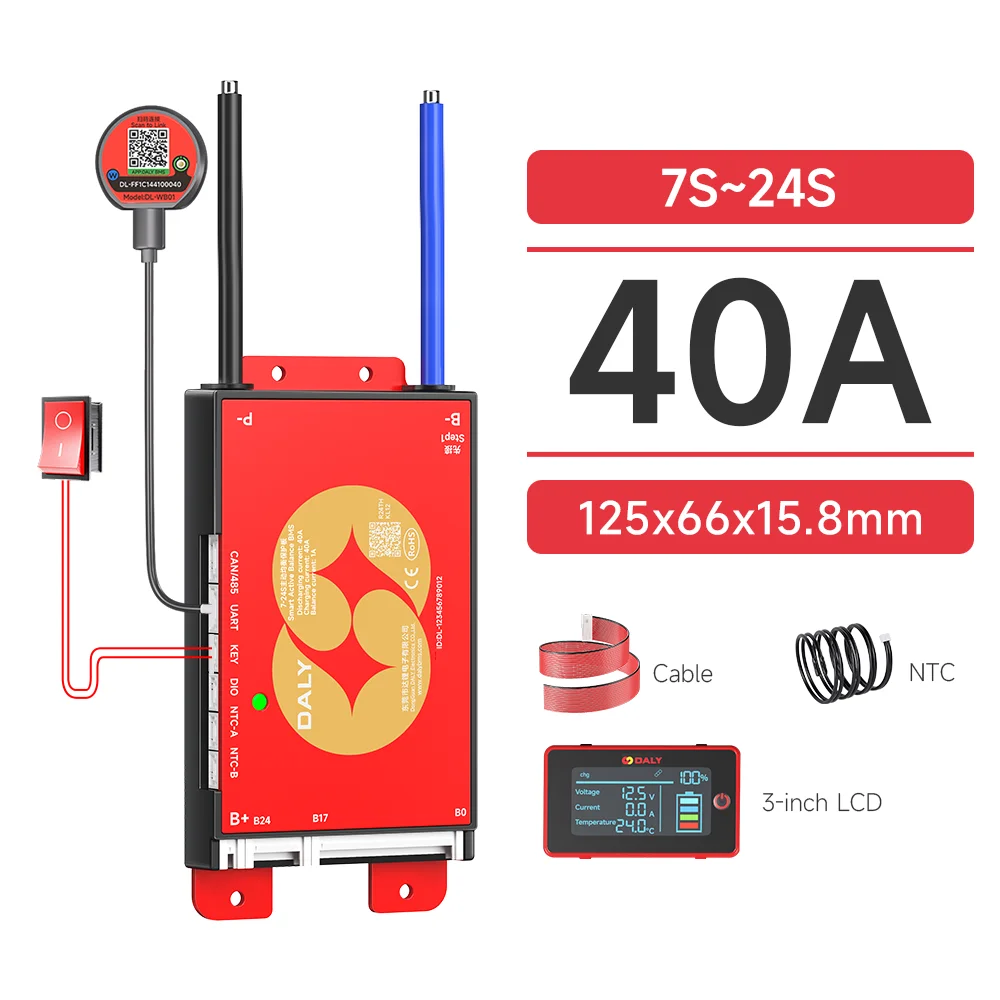 DALY Smart BMS 4S 8S 16S 40A 60A 100A 150A 200A 12V 24V 48V LiFePo4 1A Actieve Balancer BMS met LCD RS485 UART WIFI KEY