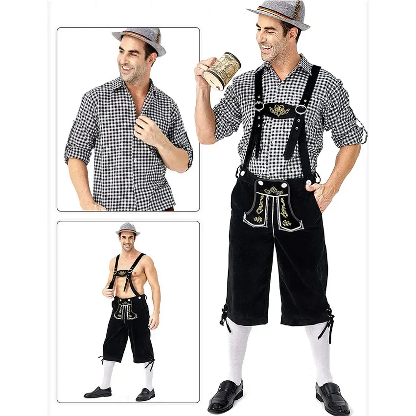 Germany Oktoberfest Men's Clother Plaid Shirt And Overalls Suit