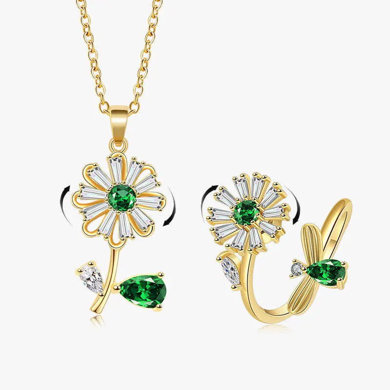 Sunflower Bee Rotating Pendant Necklace Set for Women with Copper Inlay And Sparkling Crystal Anti-Stress Anxiety Ring Jewelry