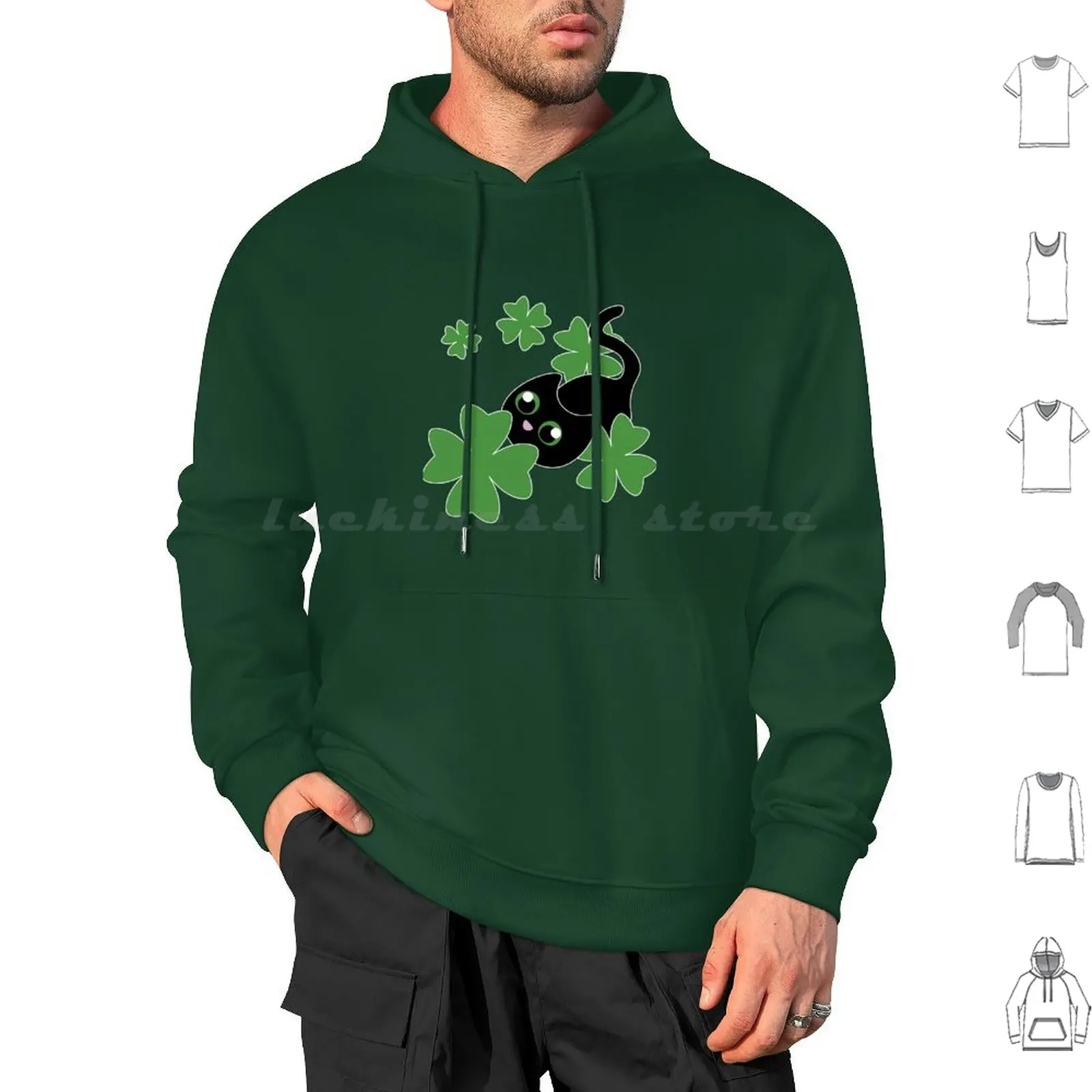 Clover Kitty Hoodie cotton Long Sleeve Day Feast Of St Gertrude Cat Kitty Clover Four Leaf Clover Lucky