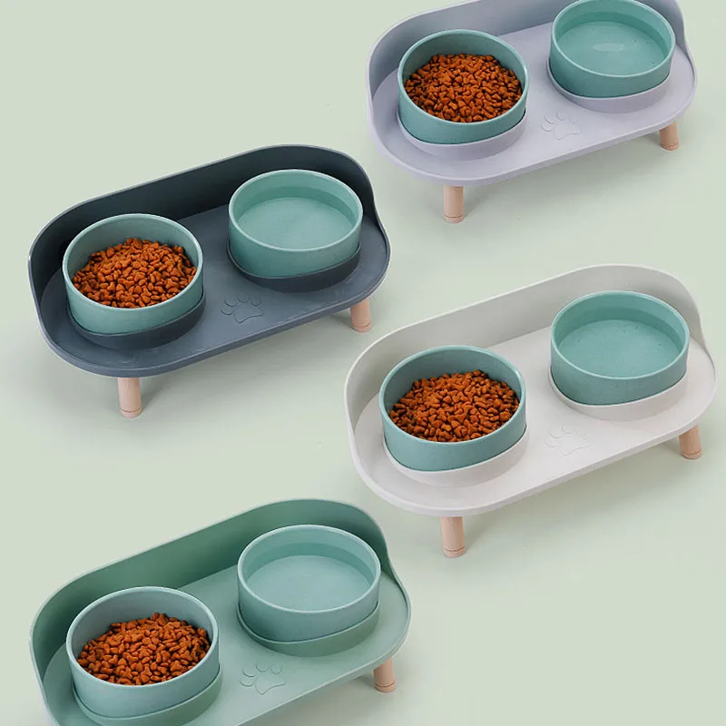 Cat Double Bowl Safety with Wood Stand and Silicone Mat Kitten Puppy Food Water Feeding Elevated Dish Dog Supplies Spill-Proof