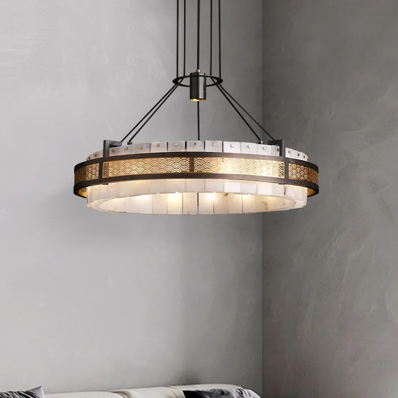 

New Chinese style, all copper, marble, chandelier, designer, light luxury