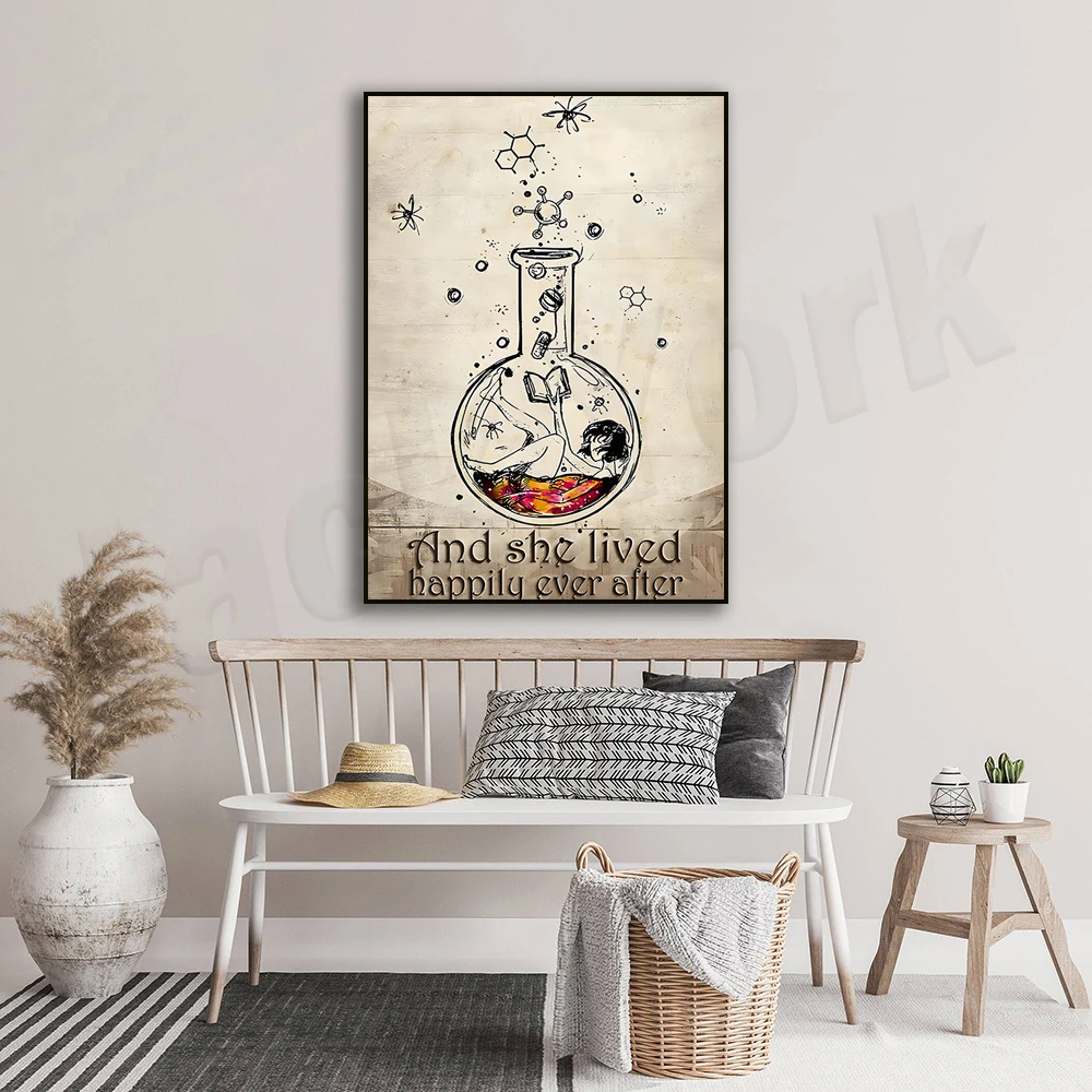 لقد عاشت بشكل سعيد بعد الملصق، ملصق الكتاب، ملصق الكتاب العتيق، حب قراءة الملصق، فن الصحة العقلية، هدية دودة الكتب #3