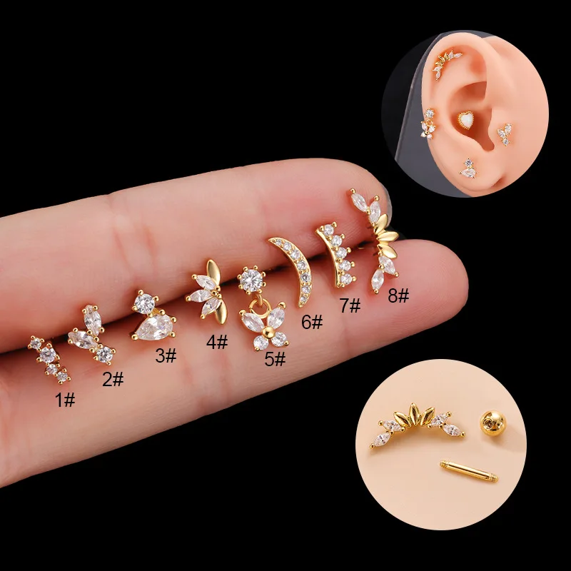 New Design 1Piece 16G Stainless Steel Cz Cartilage Earrings Conch Tragus Helix Piercing Screw Back Earring Stud Piercing Jewelry