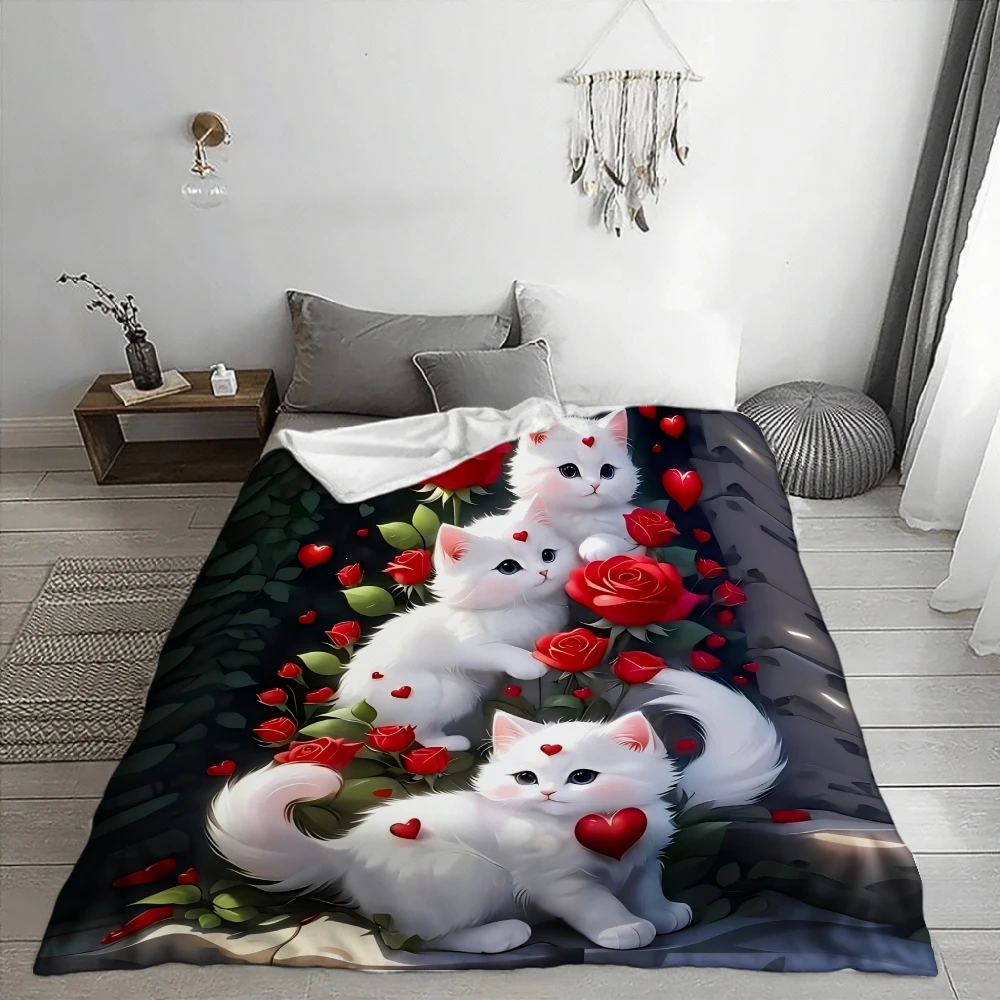 White Cats And Red Roses, Cat Lover Gift, Soft Blanket, Cute Kitten Floral Design, Multi-Purpose Home Decor, Cozy Comfort