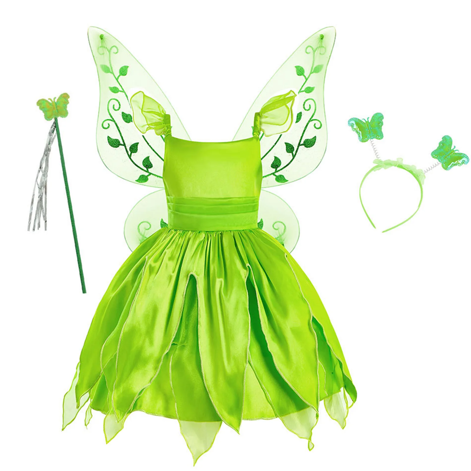 Kids Girls Princess Dress with Hair Hoop Wand Wings Costume Set for Halloween Role-play Cosplay