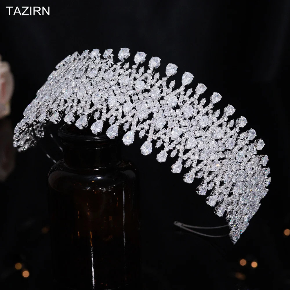 TAZIRN 5A Cubic Zirconia Bridal Wedding Big Headband Women Luxury Sparkling Handmade CZ Hairband Jewelry Head Accessories Gifts