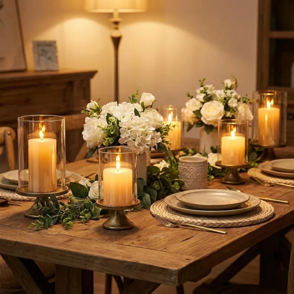 For Hurricane Candle Holder Set with Glass Dome and Iron Base for Pillar Candles Up to 4 Inch Diameter Gold Finish