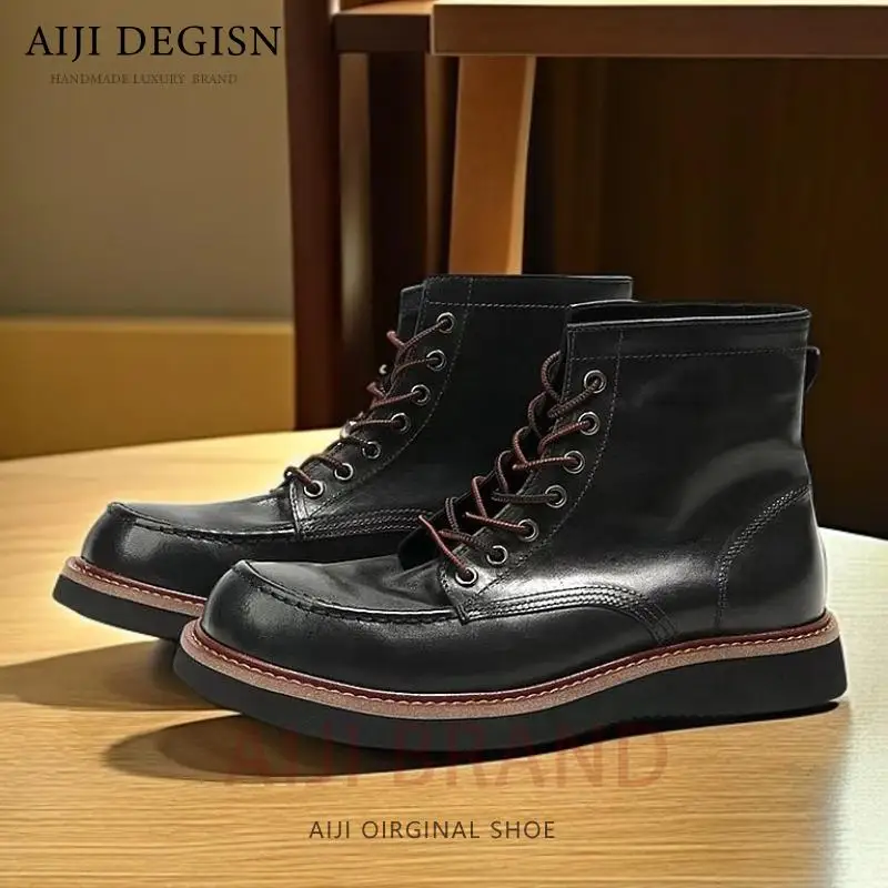 

Fashion Genuine Leather Casual Sport High Top Shoes Male Chelsea American Retro Work Boots Men Horsehide High Top Thick Sole
