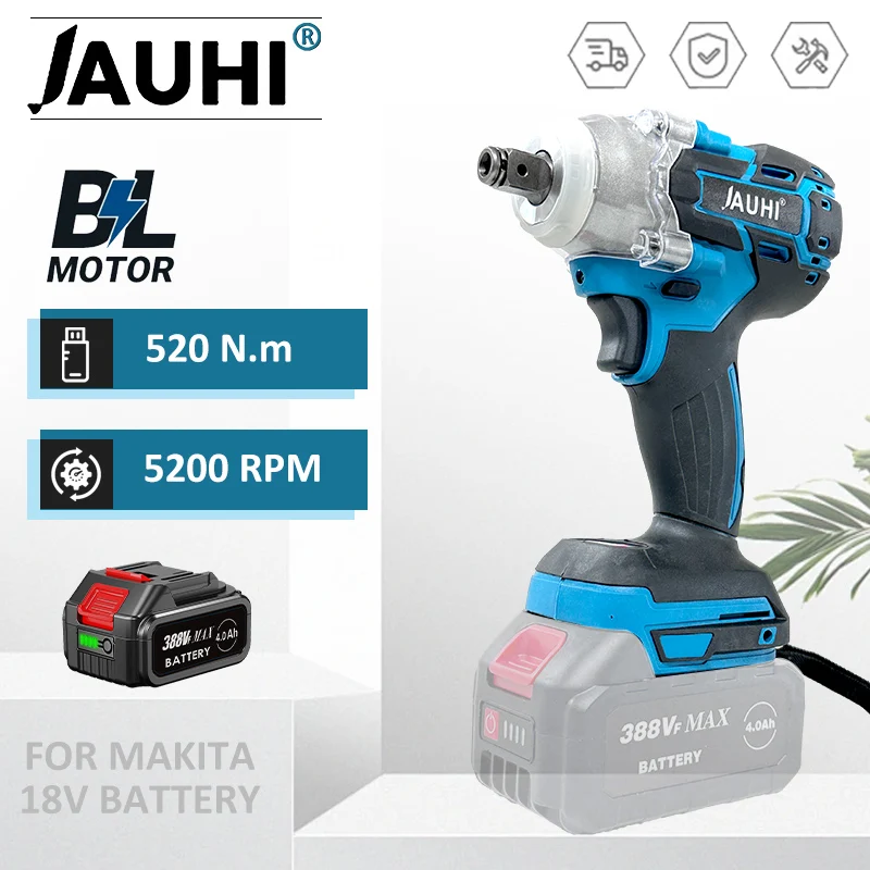 JAUHI 520N.M Brushless Cordless Electric Impact Wrench 1/2 inch Compatible with Makita 18V Lithium-ion Battery for car repair