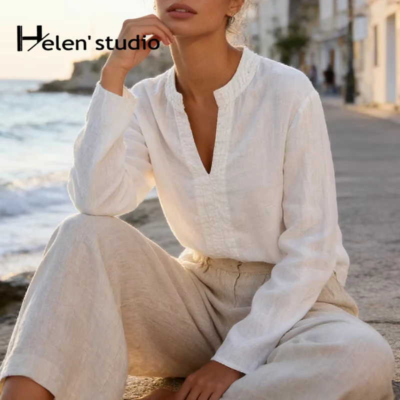 

Original 100%Linen Women's Blouses And Shirts Summer Casual Long Sleeve Blouse Top Female High Quality Women's Clothing