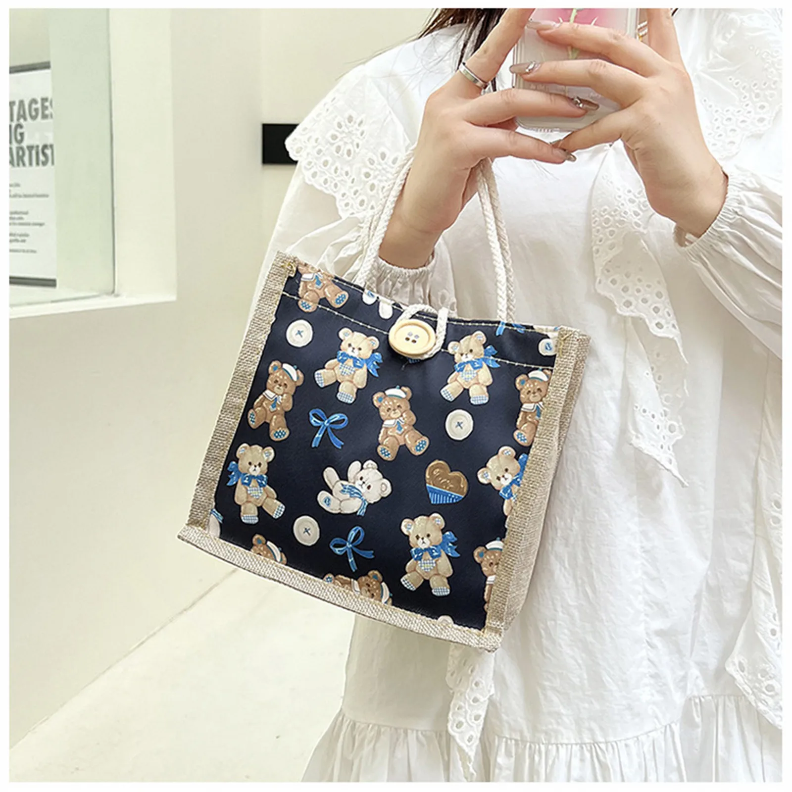 New Cartoon Cute Bear Linen Bag Portable Shopping Bag Large-Capacity Students Women Eco Tote Bag Travel Cloth Bag Tote Handbag