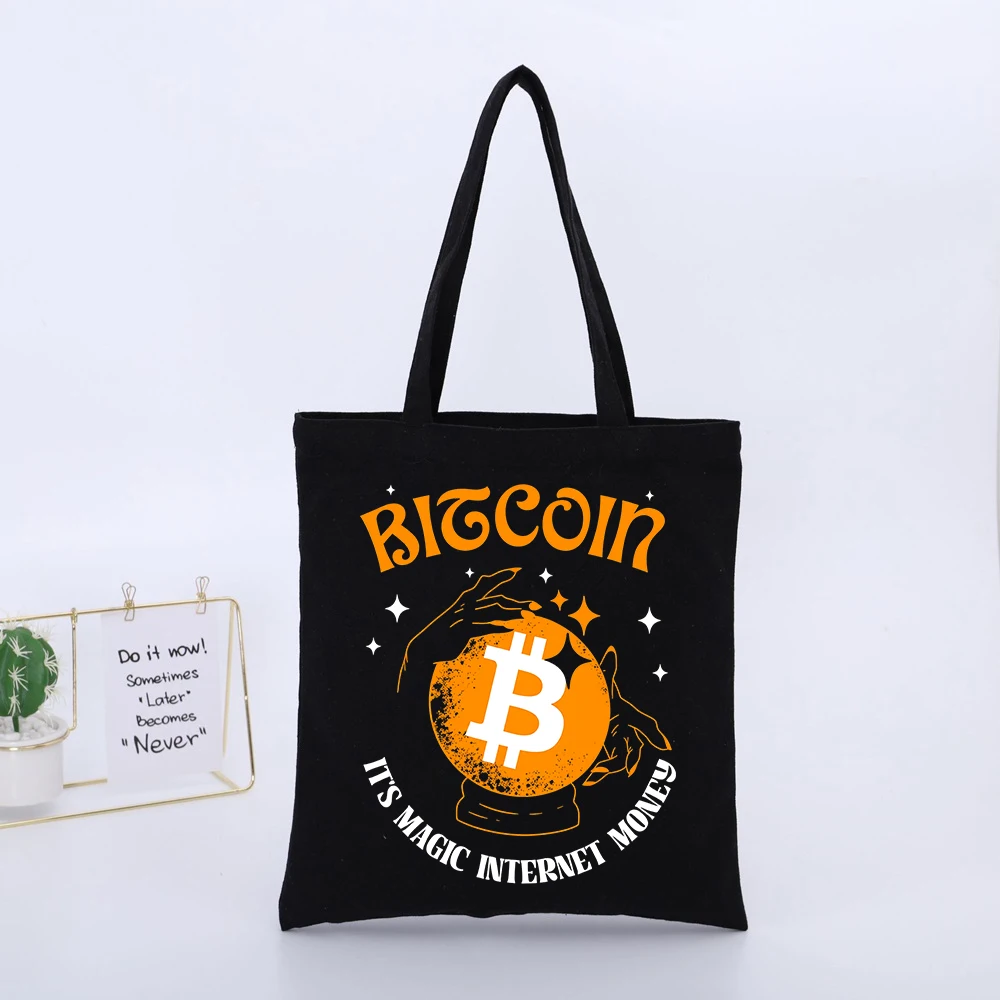Men's Cryptocurrency Graphic Canvas Tote Bag, Typography Print for Casual Daily Use and Shopping