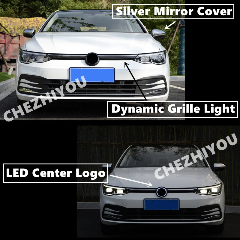 For Volkswagen Vw Golf 8 Mk8 LED Front Grille Lamp Silver Mirror Cover Dynamic Turn Signal Light Auto Replacement Exterior Parts