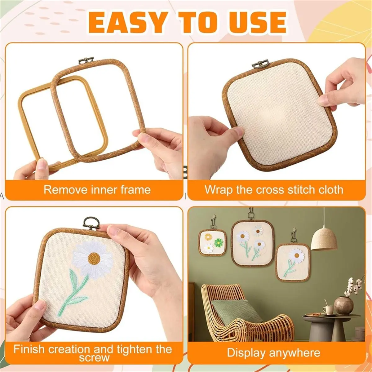 A45I 6 Pcs Square Embroidery Hoop Set 3 Sizes Imitated Wood Decorative Hoops Display Embroidery Frame