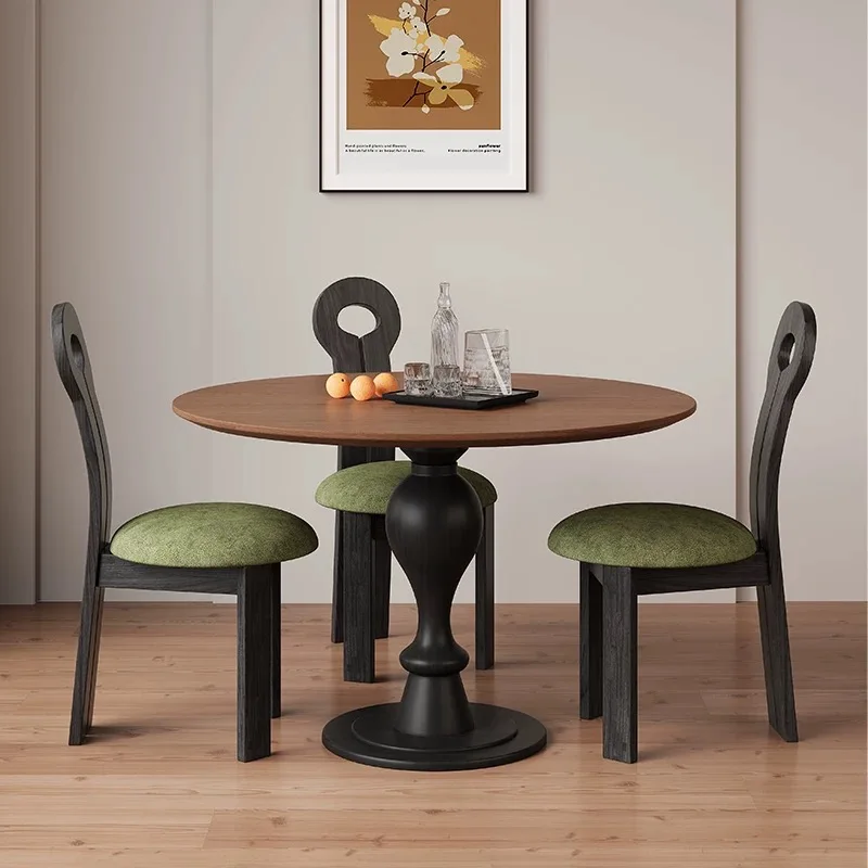 

Solid wood round dining table, small apartment retro ash wood walnut black round dining table