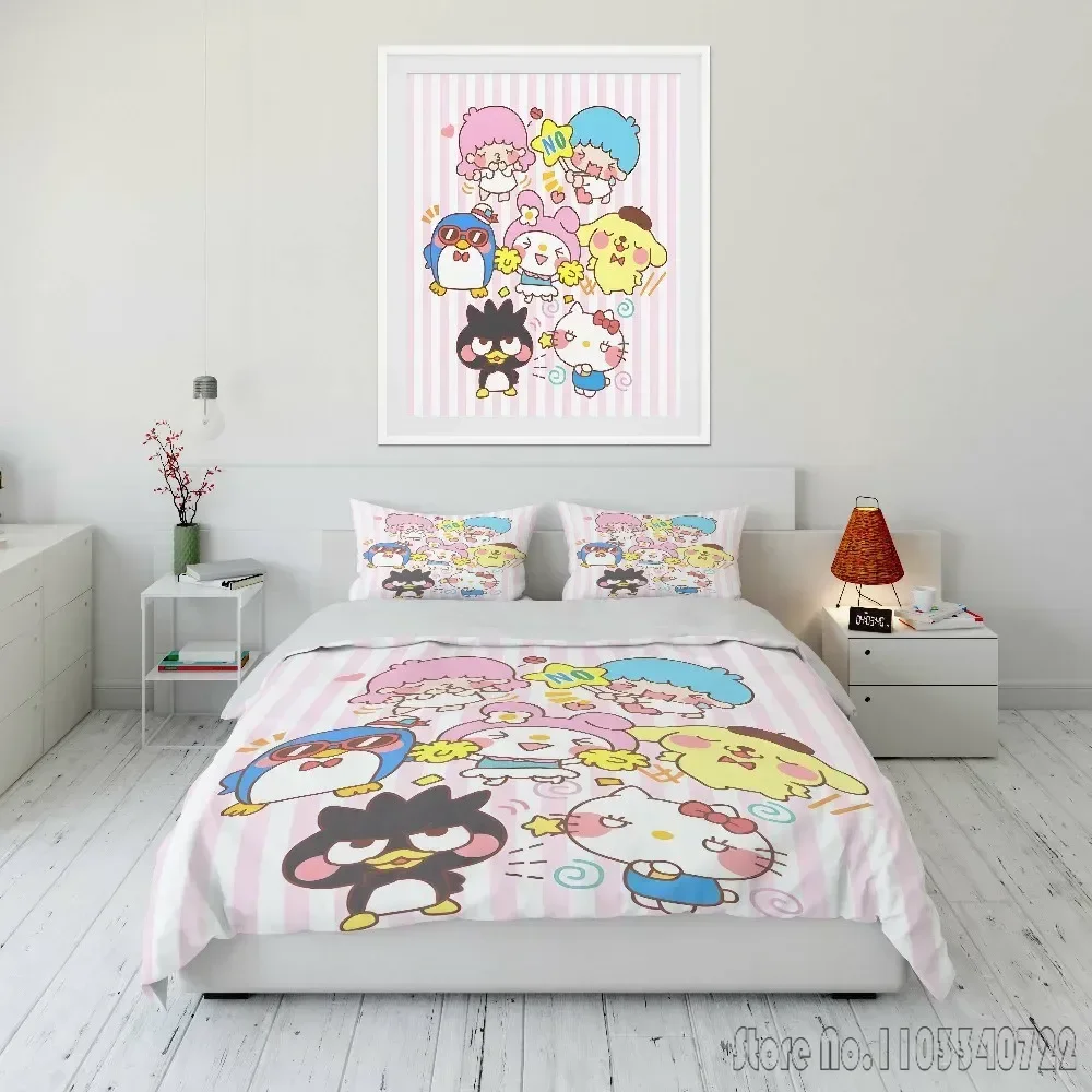 Kawaii Sanrio Character Friends Printed Bedding Set Duvet Cover Anime Quilt Adult Kids Birthday Gift Full Size Queen Bedding Set