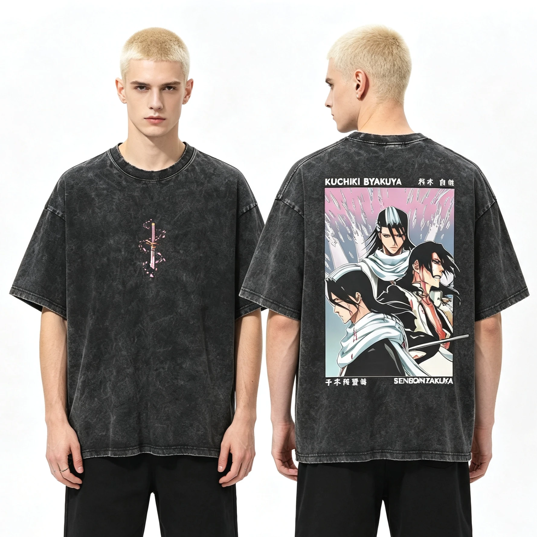 2026 Summer Hot Sale Anime Bleach Byakuya Kuchiki Graphic Washed T-Shirts Y2K Unisex Fashion Trendy Cotton Gothic Round T-shirt