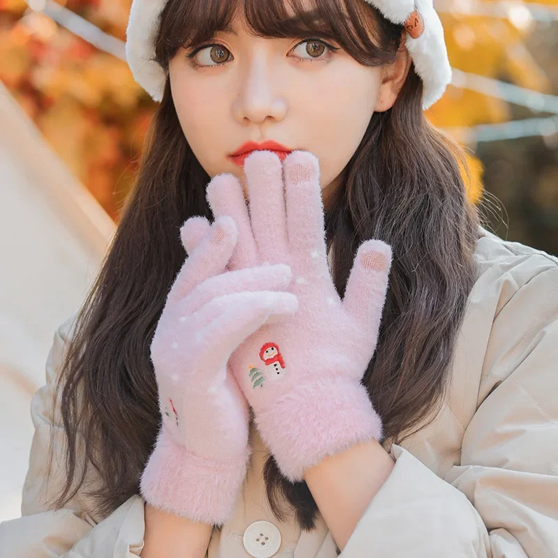 Теплые мягкие пушистые женские перчатки с полным пальцем и сенсорным экраном, милые вязаные перчатки с пятью пальцами и вышивкой снеговика, модные зимние