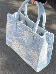 Borsa Tote blu di grande capacità 2023 borsa a tracolla da donna personalizzata in pizzo con ricamo a contrasto di colore moda High Street