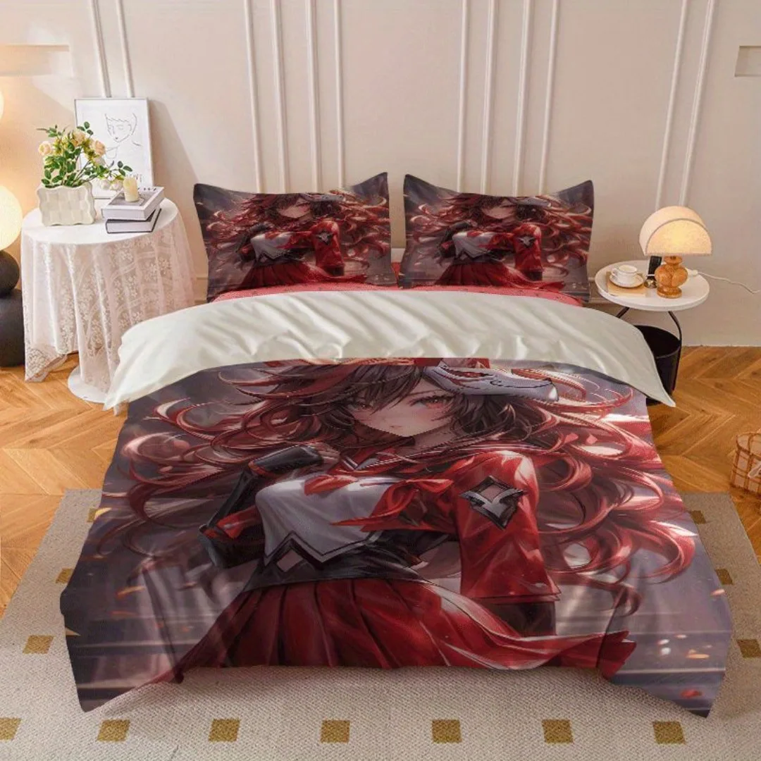 طقم غطاء لحاف مطبوع عليه رسوم متحركة Firefox Girl مكون من 2/3 قطعة، مجموعة غطاء لحاف تحتوي على غطاء لحاف وغطاء وسادة - مثالي لغرفة النوم،