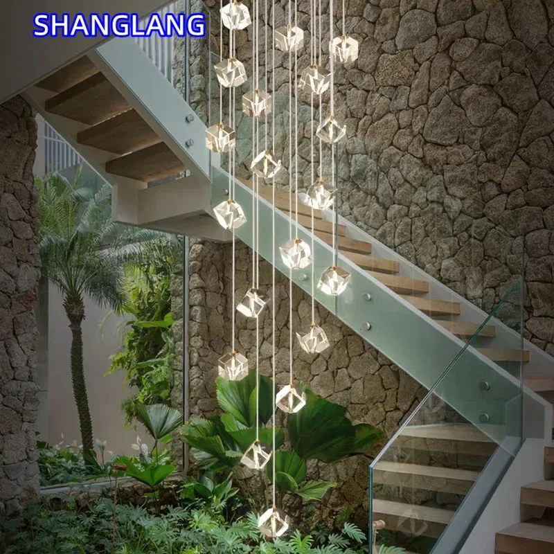 Large Crystal Hanging Lamp Modern Simple Creative LED Chandelier for Staircase Luxury Cristal Indoor Stair Pendant Light Fixture